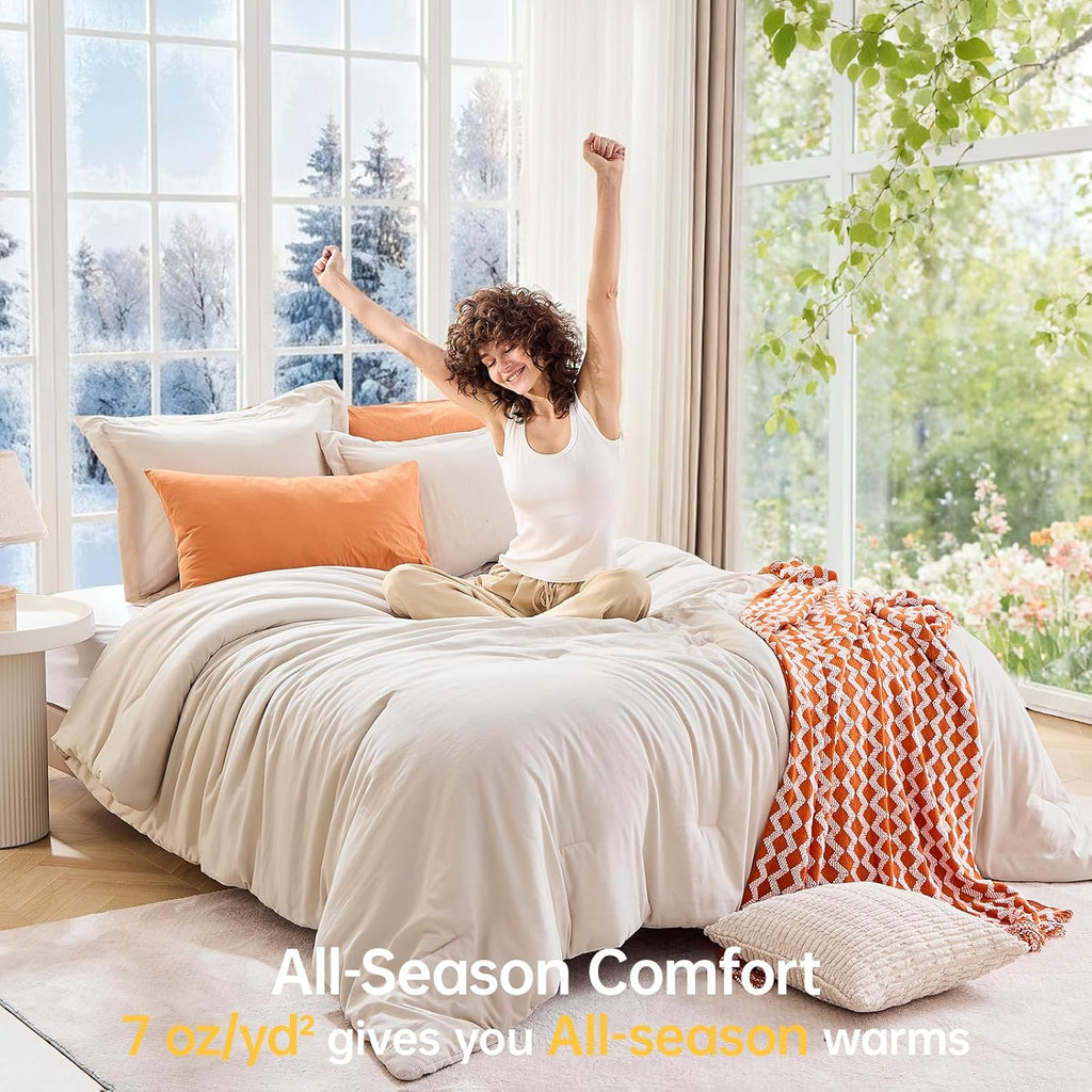 Comforter Set Beige, 3 Piece Solid Bedding for All Seasons