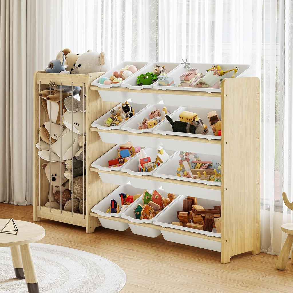 Kids Toy Storage Organizer, 2-in-1 Stuffed Animal Storage & Toy Organizer w/12 Bins, Solid Wood Toy Rack Featuring