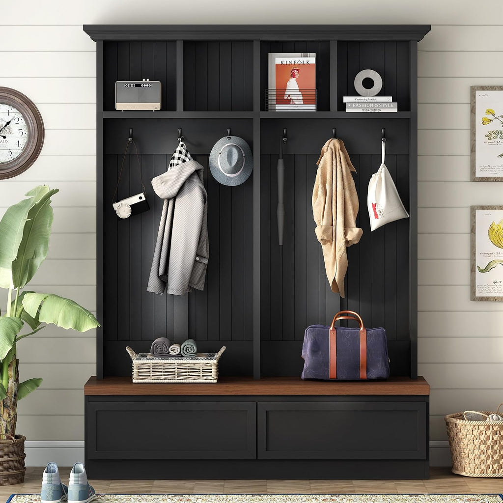 55.9" W Hall Tree with Bench and Shoe Storage,Shoe and Coat Rack with Drawer and Hooks,Farmhouse Furniture