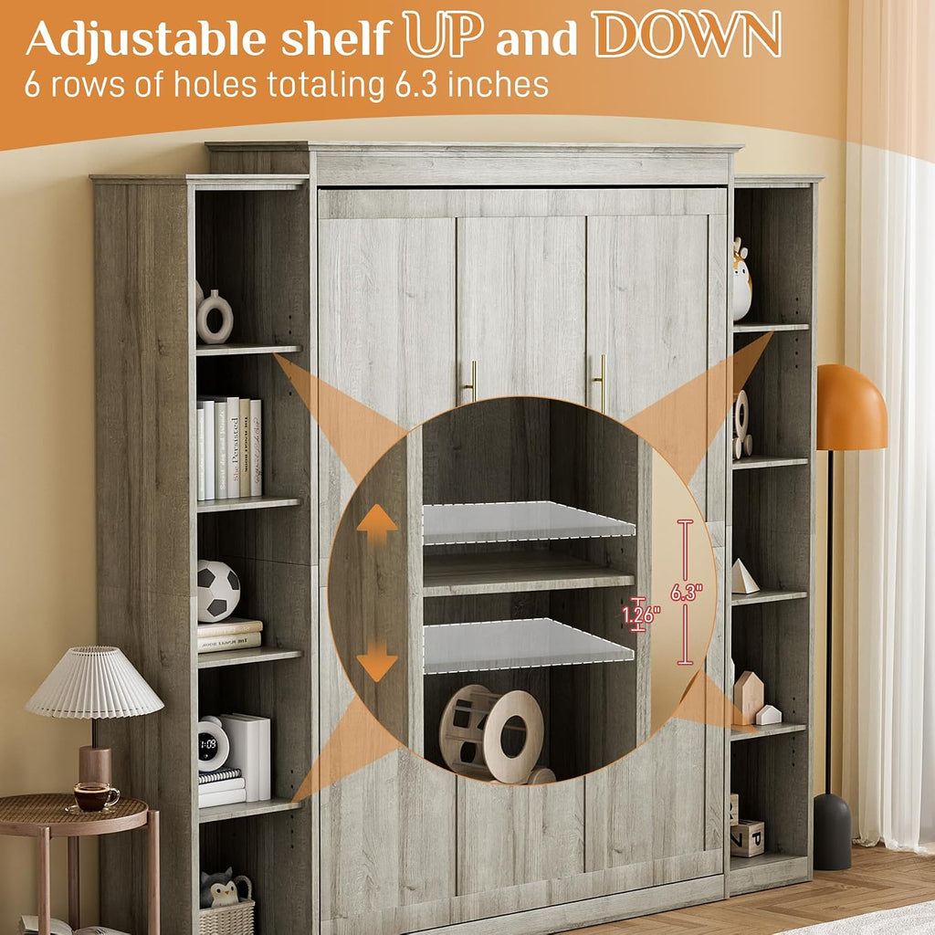 Queen Murphy Bed with 2 Storage Cabinet, Farmhouse Wood Hidden Foldable Wall Bed Frame, Space Saving Beds with