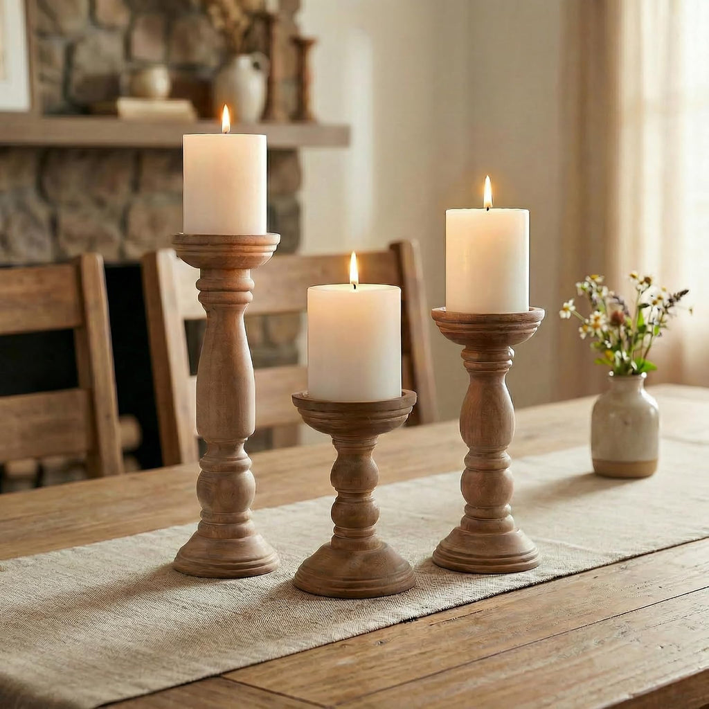 Farmhouse Wooden Candle Holders for Pillar Candles Set of 3, Rustic Wood Candle Holder Table Centerpiece Decor, 12''