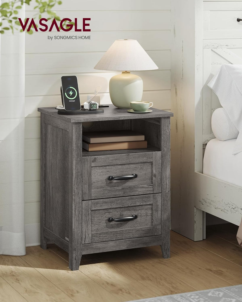 Farmhouse Nightstands with Charging Station, Set of 2 Bedside Tables, Side Tables with 2 Drawers, Open