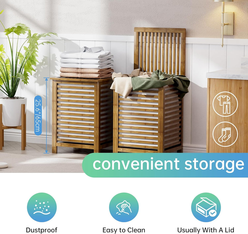 Double Laundry Hamper with Lid, 120L Bamboo Laundry Basket with Removable Liner Bag, 2-Section Clothes Divider