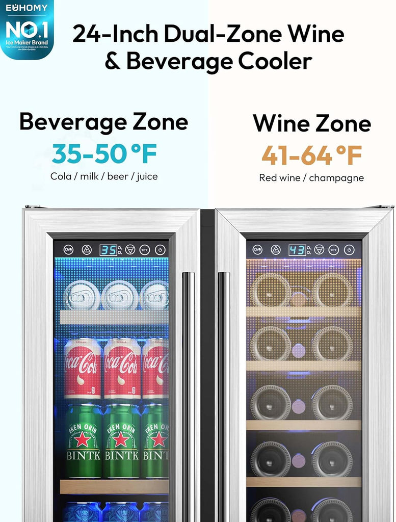 Wine and Beverage Refrigerator, 24 Inch Dual Zone Wine Cooler with Glass Door Ho