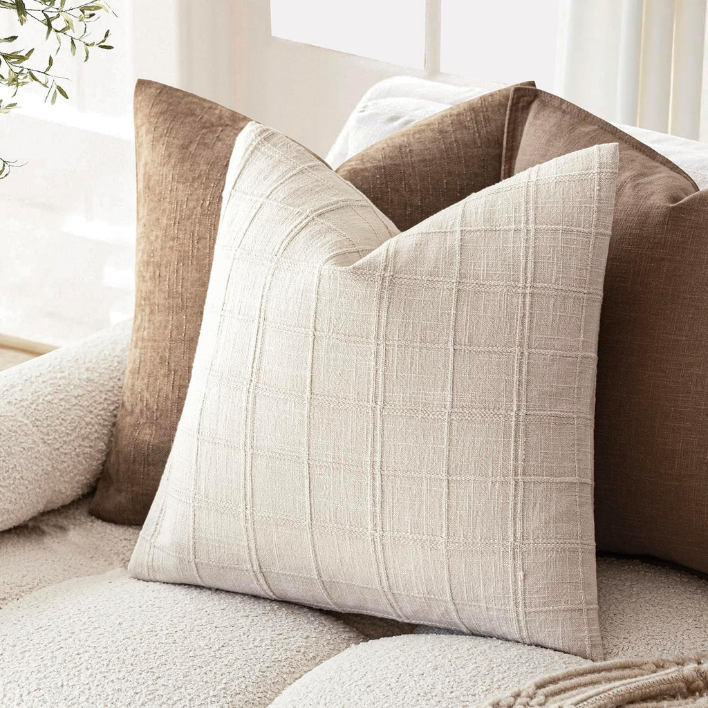 Set of 2 Decorative Linen Check Throw Pillow Covers Neutral Farmhouse Vintage Cushion Covers Modern Boho Home
