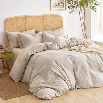 Striped Cotton Duvet Cover Set, Tan, Queen