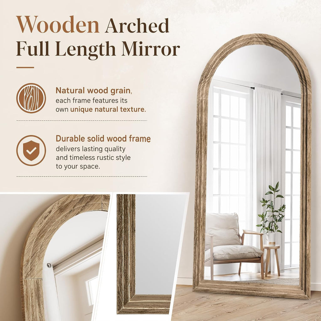 Full Length Mirror 71" x 30", Arched Large Floor Mirror with Solid Wood Frame, Freestanding & Wall Mounted