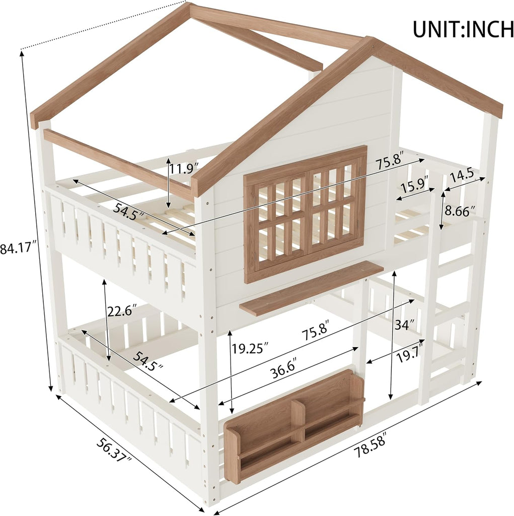 Bunk Bed Full Over Full with Ladder, House Bunk Beds with Bookshelf and Window for Kids, Teens, Beige & Natural