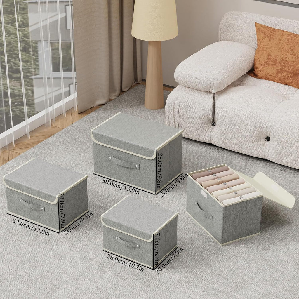 Foldable Fabric Storage Cubes with Lids,Grey 10.2x7.9x6.7in,3 Pack | Storage Bins with Handles,PP Panel Closet
