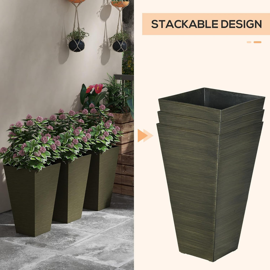 Outdoor Planters,Set of 3 Taper Planters with Drainage Holes and Plug,Faux Wood Flower Pots for