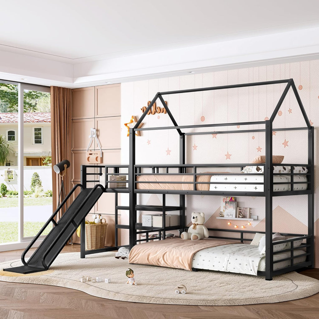 Twin Over Twin Bunk Bed with Slide, Kids House Floor Bunk Bed with Storage Stairs and Full Length Guardrail