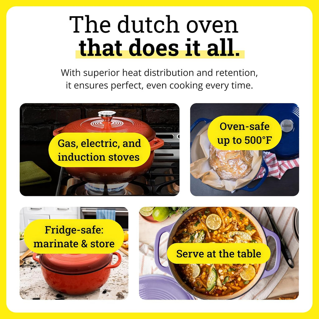 Essential Enamel Cast Iron Dutch Oven with Lid 7.5 Quart - Oven-Safe Enamel Cookware up to 500° F - Heat-Retaining