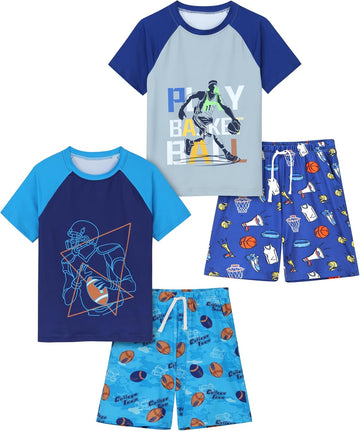 4 Pieces Boys Pajamas Shorts with Drawstring Pockets and Short Sleeve Shirts Teens Loungewear Shorts and Shirts Set
