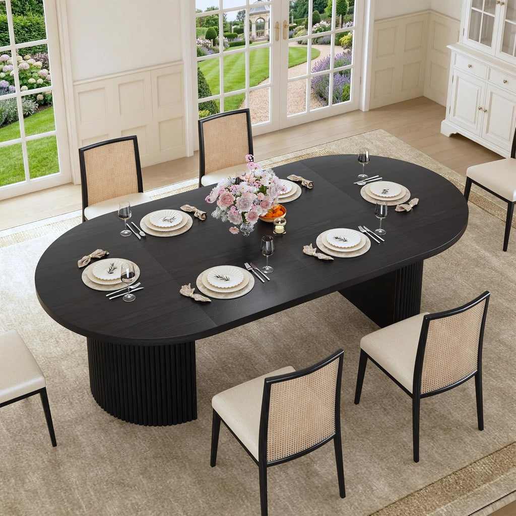 Extendable Round Dining Table for 4-8, 39in-77in Long Large Kitchen Table with Fluted Base, Space Saving Modern