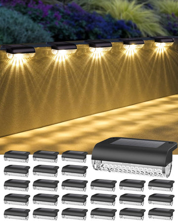 24 Pack Solar Step Lights Outdoor Stairs, Solar Deck Lights 3000K Warm White, Auto Dusk-to-Dawn, Weatherproof, Low