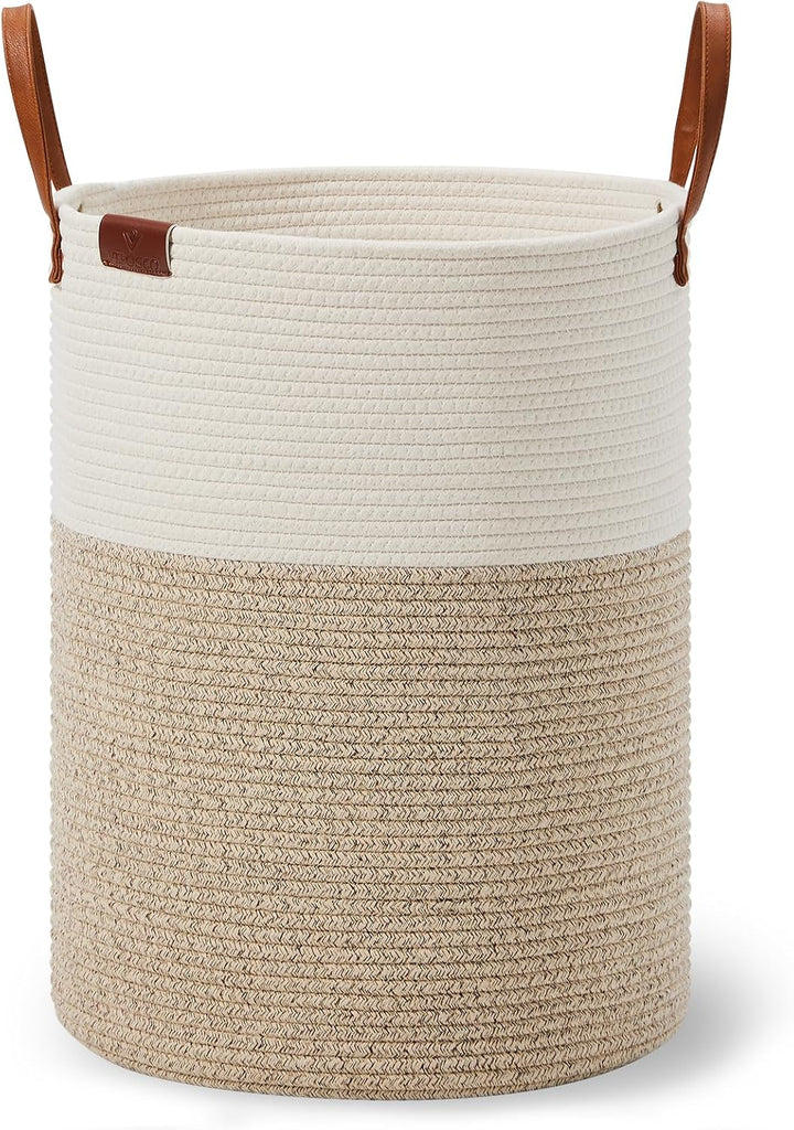 100L Tall Woven Rope Laundry Hamper, Leather Handles, White & Brown | Large Wicker Laundry Basket for Dirty Clothes