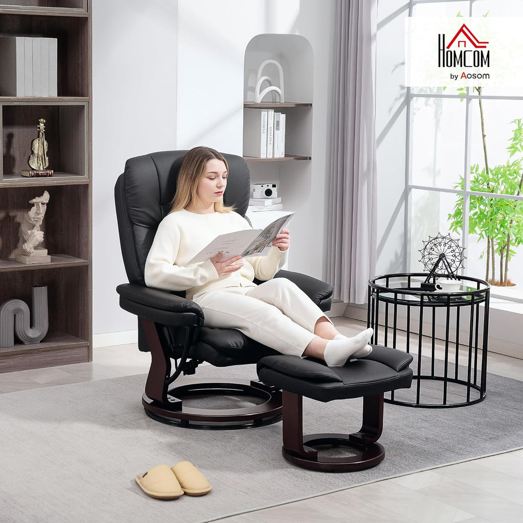 Modern Reclining Swivel Lounge Chair and Ottoman — Black PU Leather