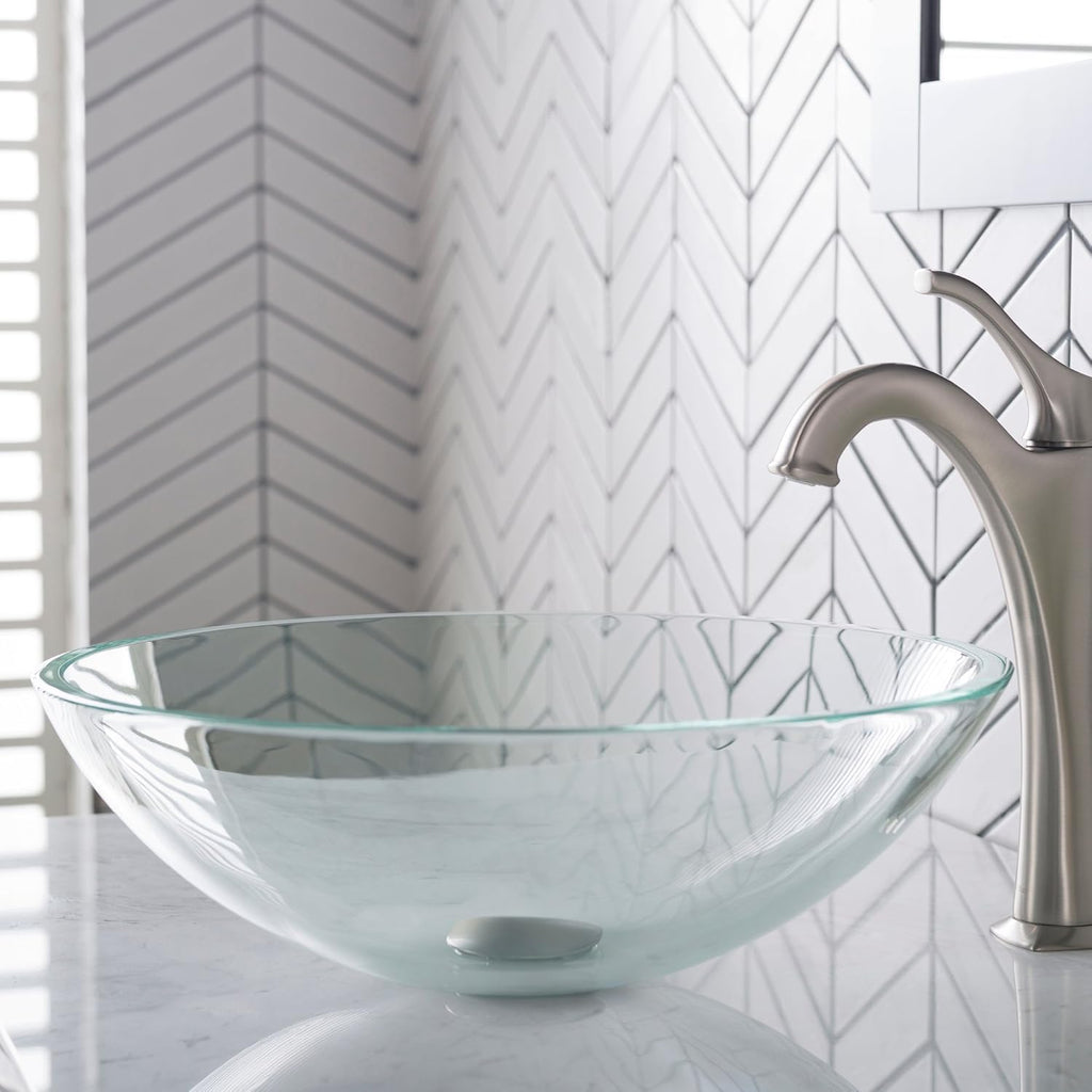 Round Crystal Clear Glass Vessel Bathroom Sink, 16 1/2 inch GV-100