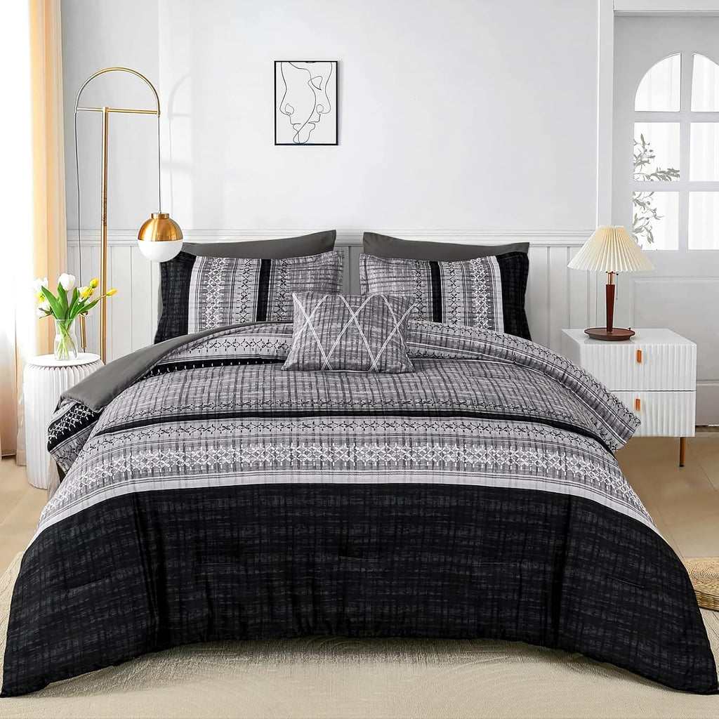 Dintszyayue Black Comforter Set Queen, 8 Pieces Boho Striped Bed in a Bag Soft Microfiber Bedding Set for All Season