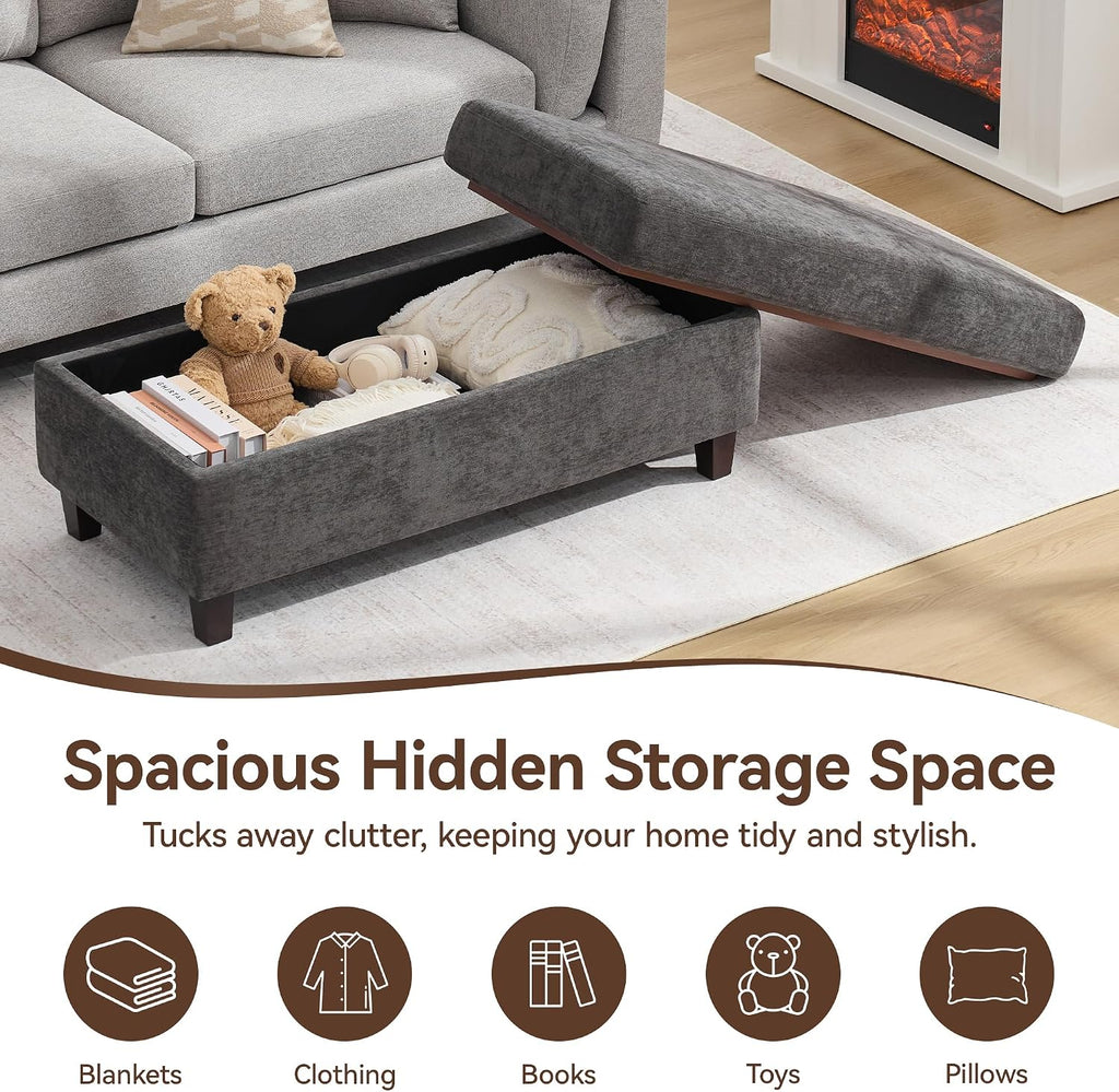 45 Inch Large Storage Ottoman Bench with Wooden Tray Coffee Table, Dark Grey Chenille Upholstered Foot Rest