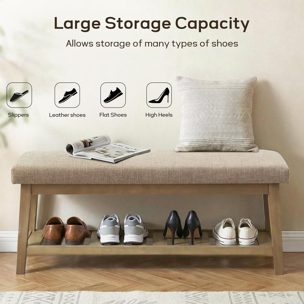Entryway Bench with Cushion, Upholstered Shoe Rack Bench with Solid Wood Shelf, 44" End of Bed Bench, Chenille