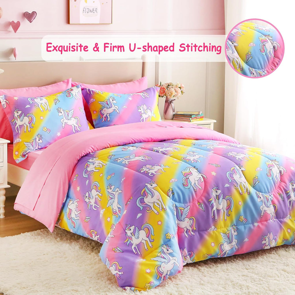 Kids' Rainbow Unicorn Twin Comforter Set, 5-Piece | Soft Fluffy Bed-in-a-Bag, Fitted Sheet, Flat Sheet, Pillowcase