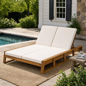 Acacia Wood Outdoor Double Chaise Lounge with Adjustable Backrest Patio Daybed with Thick Cushions Backyard Balcony