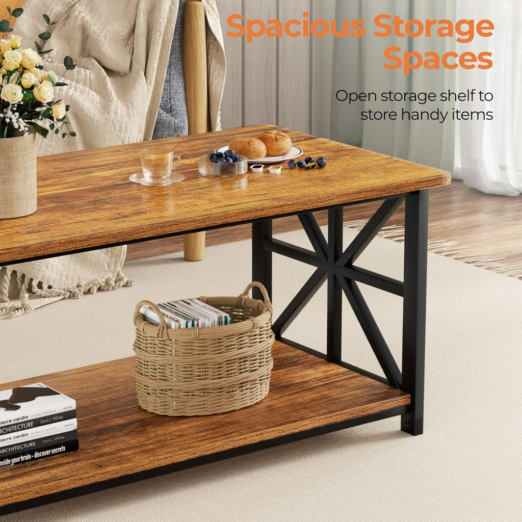 Coffee Table with Round Corner, Farmhouse Center Table with 2-Tier Storage Shelf X-Frame Design, 39 inch Walnut