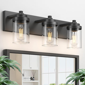 Bathroom Vanity Light, 3-Light Modern Black Vanity Light Fixtures with Clear Glass Shade, 22in Matte Black Bathroom