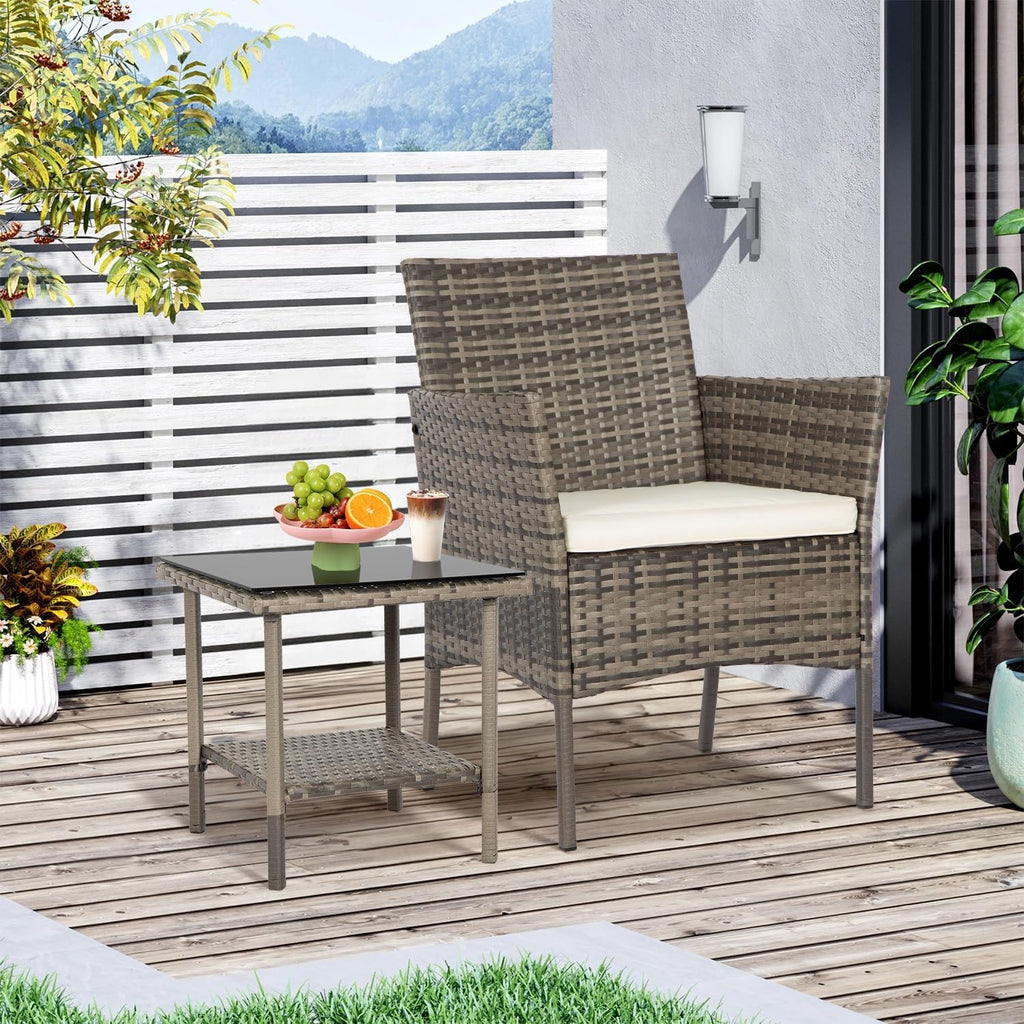 3 Piece Outdoor Furniture Set Patio Gray Wicker Chairs Furniture Bistro Conversation Set 2 Rattan Chairs with Khaki