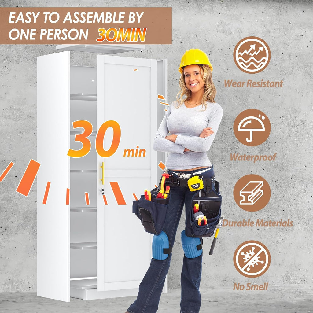 Lockable Tall Pantry Cabinet, Adjustable Shelves, Narrow Storage Cabinet | 1 Lock for Full Cabinet Security, 5