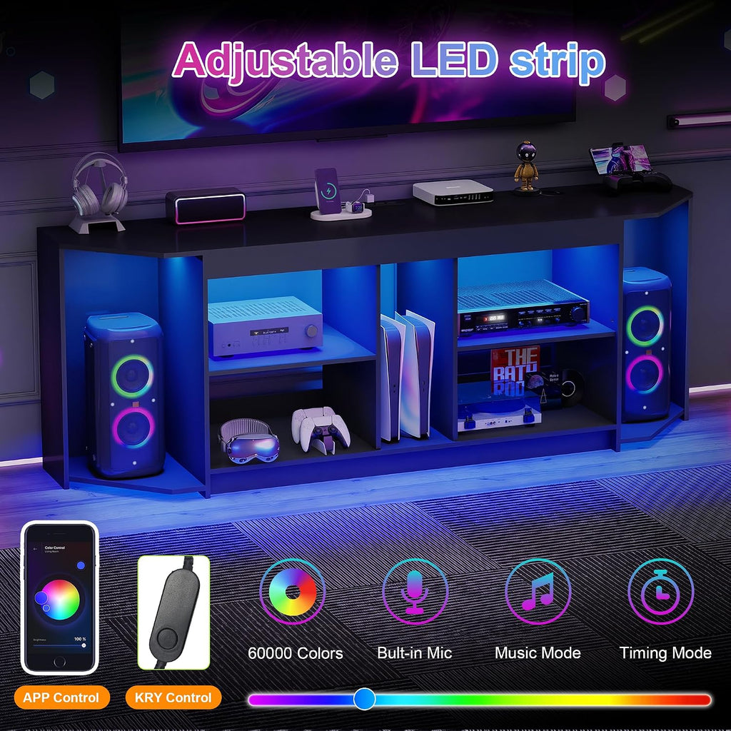 Modern TV Stand with LED Lights & Power Outlets for 75 inch TVs, Gaming Entertainment Center for PS5 Xbox, Media