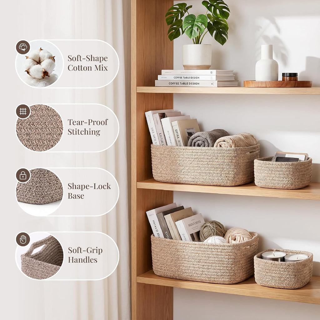 5-Pack Large Woven Rope Storage Baskets, 2 Sizes Organizer Bins | Fabric Cube Boxes and Rectangular Shallow Bins for