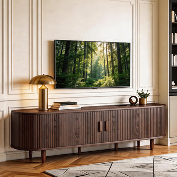 70" TV Stand with Sliding Doors, Mid Century Modern Entertainment Center, TV Console with Fluted Door Cabinets and