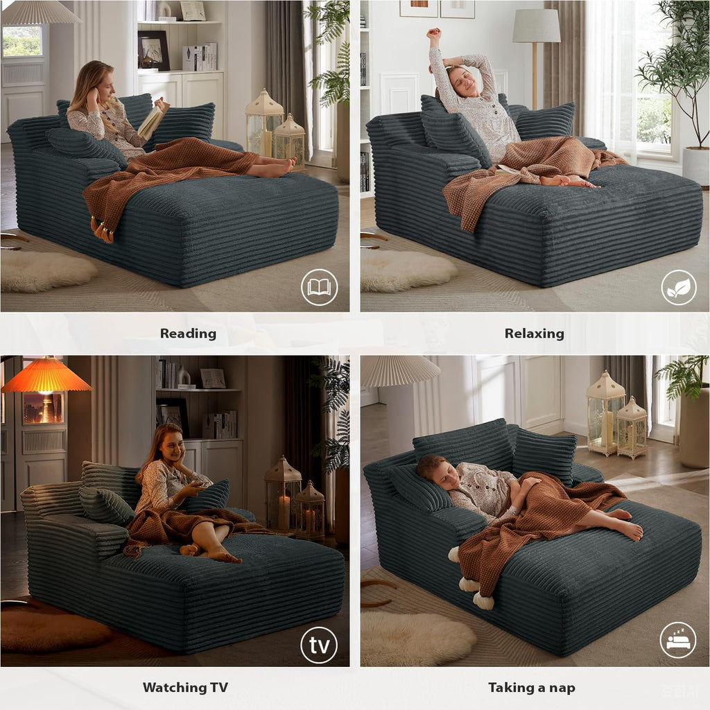 50 Inch Chaise Lounge Chair Indoor, Oversized Corduroy Upholstered Boneless Sofa Bed, Deep Seat Sleeper Couch Reading