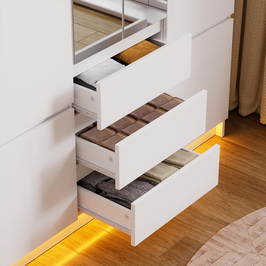 4 Doors Armoire Wardrobe Closet with Led Light & Mirror, Bedroom Large Capacity Freestanding Armoire Wardrobe with