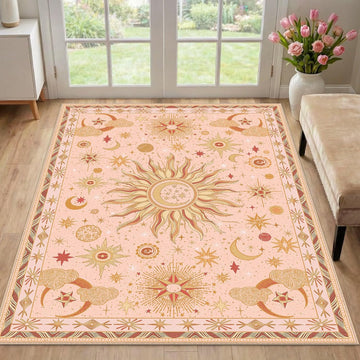 3x5 Area Rugs, Washable Vacuum-Friendly Non-Slip Rug Vintage Boho Gothic Sun and Moon Printed Patter