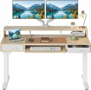 55′′ x 26′′ Electric Standing Desk with 2 Drawers &24.4′′ Large Keyboard Tray, C-Clamp Mount Compatible, Adjustable