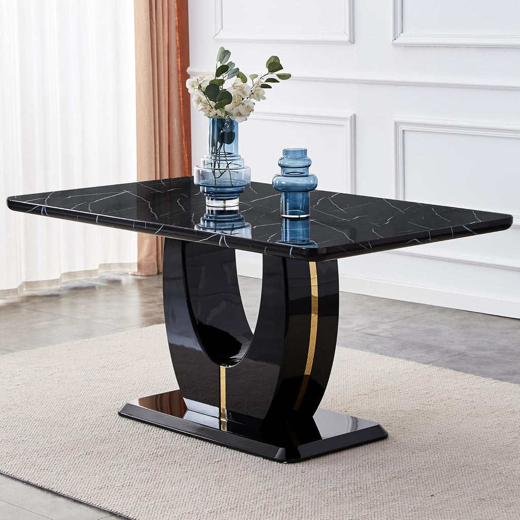 63" Black Marble-Look Dining Table for 6, Modern Rectangular Kitchen & Dining Room Table, Glossy Faux Marble Finish