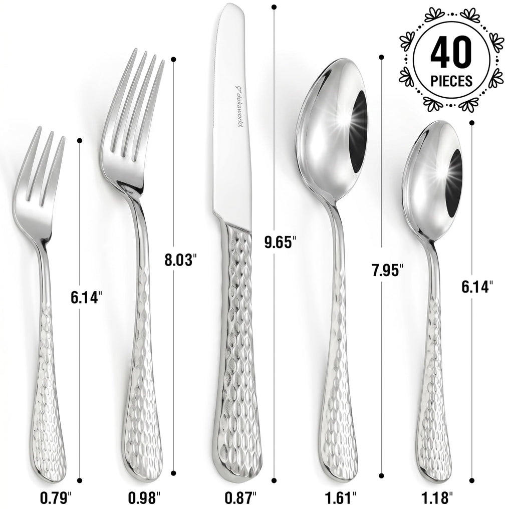 Stainless Steel Flatware - Hammered Design 40 Piece Cutlery Set