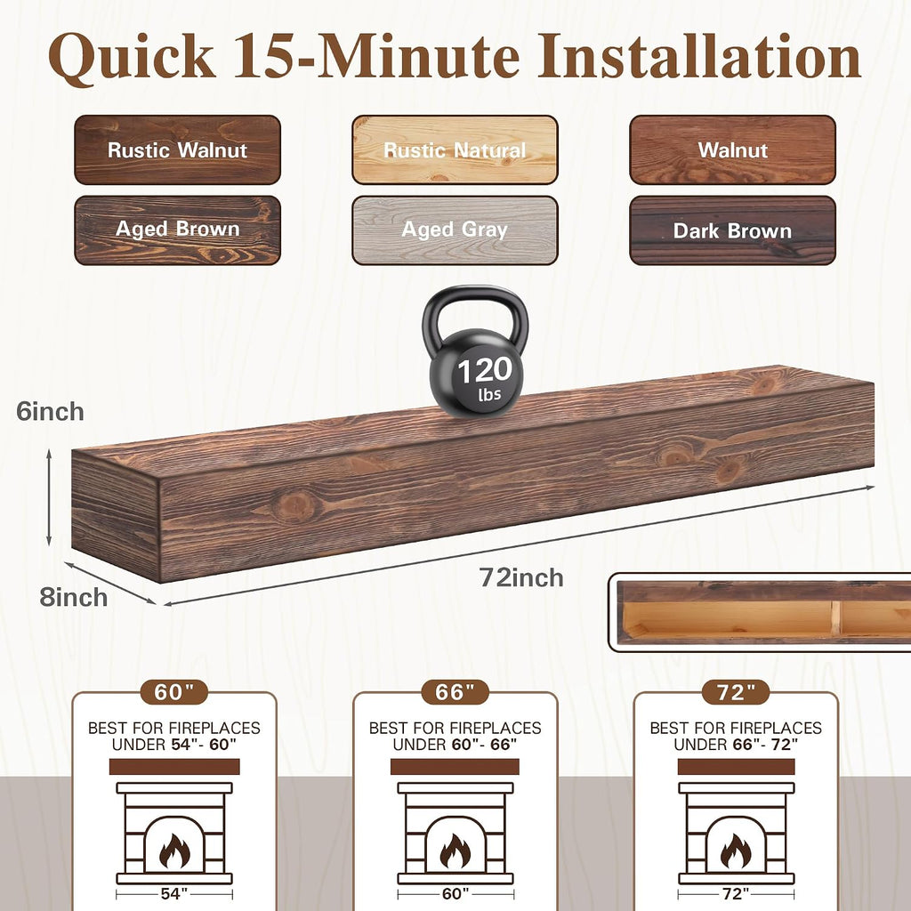 Handcrafted Wood Mantles for Over Fireplace - Wall Mounted Shelf - Floating for Living Room Decor - 72 Inch - Natural