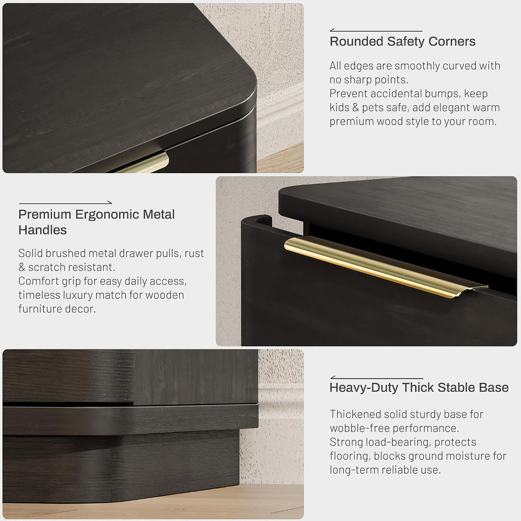 Black Nightstand with Charging Station, Modern Wood Nightstand Black Bedside Table, Wooden Nightstands with 3 Drawers