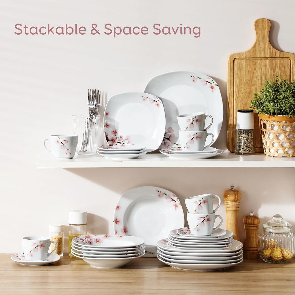 Annie Porcelain Dinnerware for 6, 30-Piece Pink Floral Dish Set With Plates and Bowls Including Dinner, Dessert, Soup