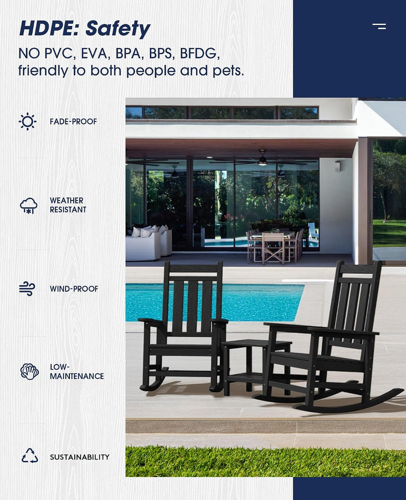 Oversized Outdoor Rocking Chair Set of 2, HDPE Patio Rockers, Black | | All-Weather Patio Rocking Chairs for Porch |