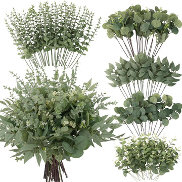 130 Pcs Artificial Mixed Eucalyptus Stems Bulk, 5 Kinds of Faux Greenery Eucalyptus Leaves Bulk for Vase Wedding DIY
