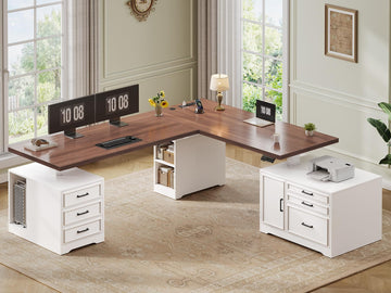 Farmhouse L Shaped Electric Standing Desk with File Cabinet, 77 x 55'' Height Adjustable Home Office Computer Desk