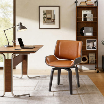 Mid Century Swivel Desk Chair No Wheels, Grey Oak Bentwood, Brown