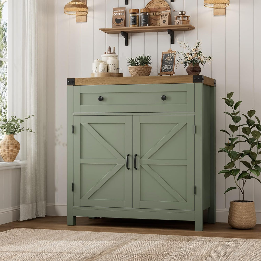 31.5"W Kitchen Storage Cabinet, Farmhouse Coffee Bar Cabinet, Green | Small Buffet Cabinet with Doors & Wide Drawer