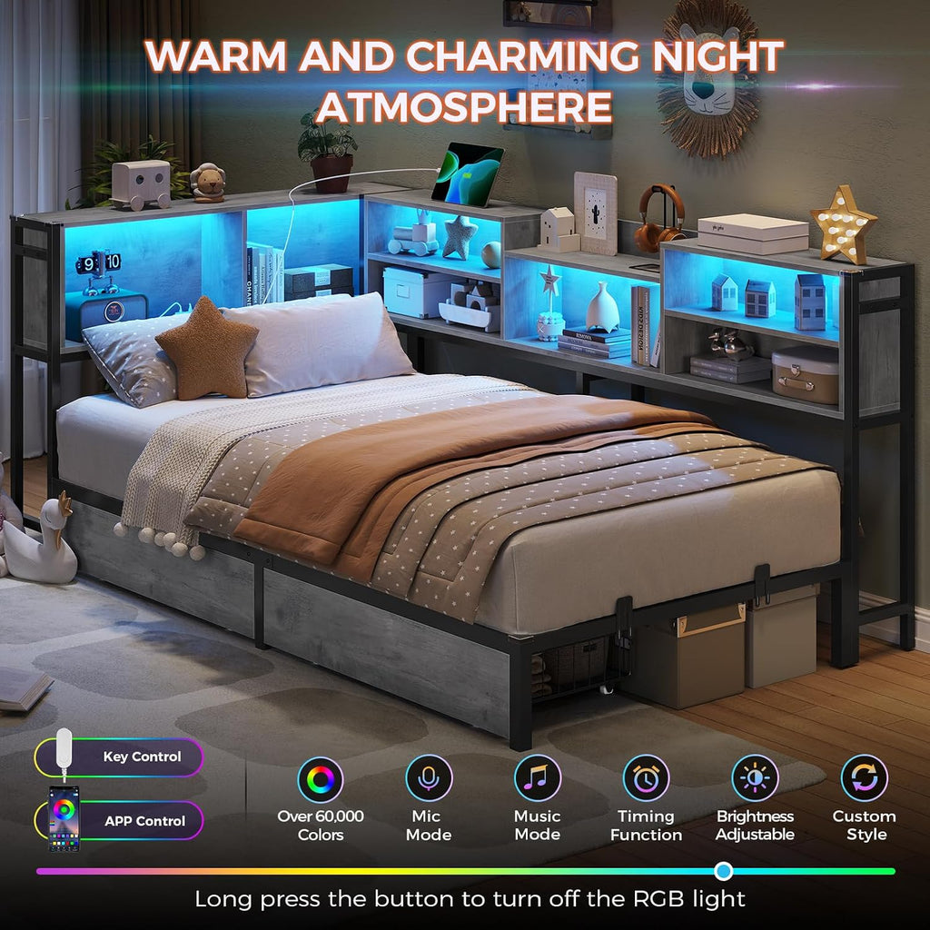 Corner Twin Bed Frame with Bookcase Storage Headboard and Led Lights,Twin Size Metal Platform Corner Bed Frames with