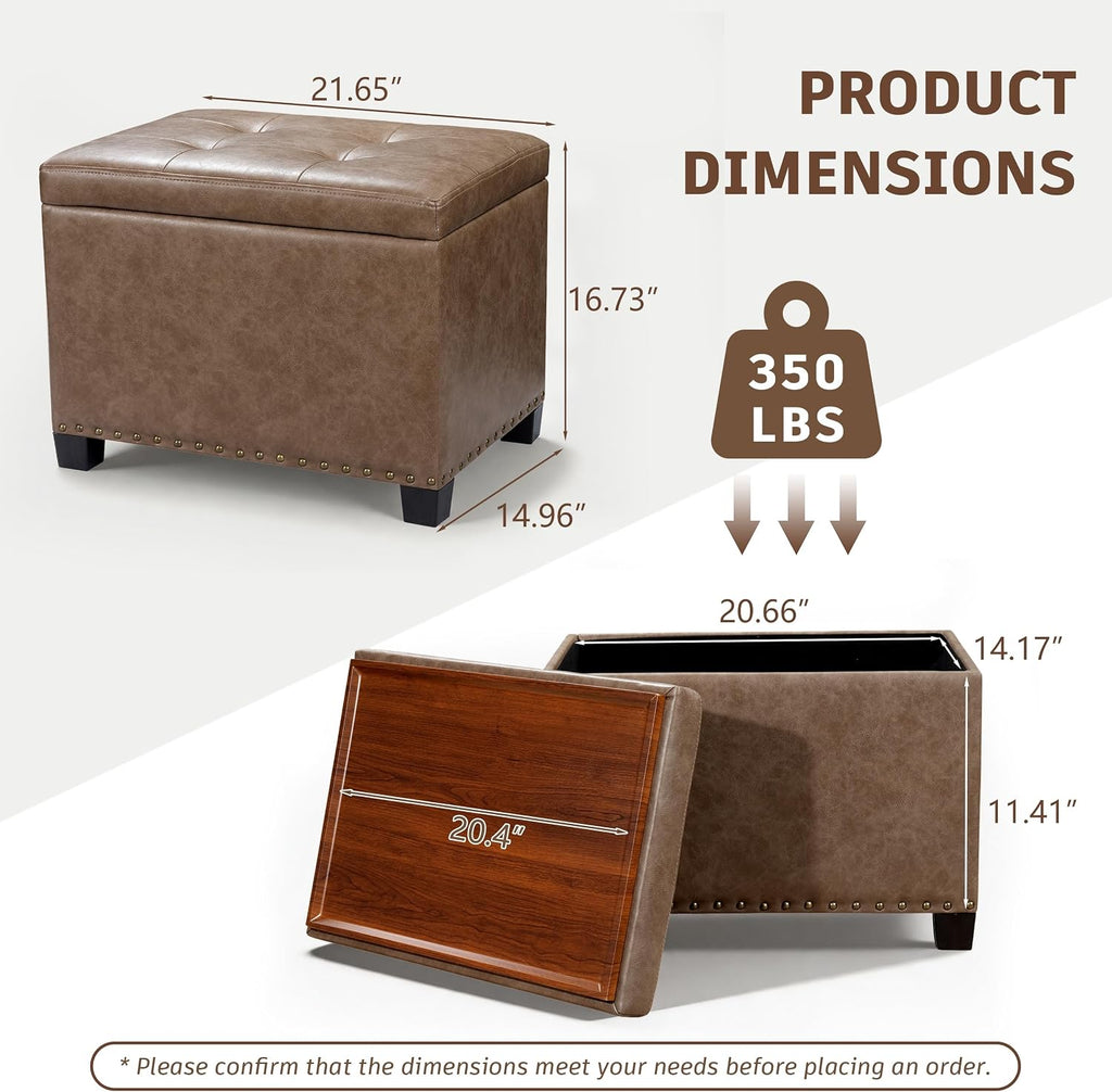 22" Storage Ottoman Coffee Table with Flip Top Tray, Tufted Faux Leather Footrest Stool with Nailhead Trim, Large